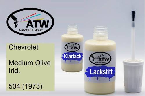 Chevrolet, Medium Olive Irid., 504 (1973): 20ml Lackstift + 20ml Klarlack - Set, von ATW Autoteile West.